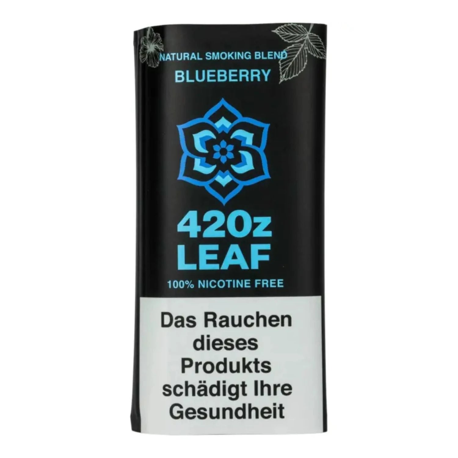420z Leaf Blueberry Natural Smoking Blend, schwarzer Tabakersatz-Beutel, blaues Blüten-Logo, „100% Nicotine Free", deutscher Warnhinweis unten, weißer Hintergrund